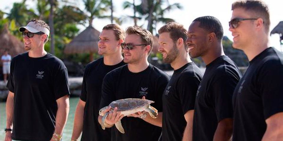 Jugadores de NFL liberan tortugas en Riviera Maya