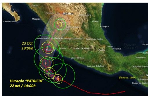 Huracán Patricia se fortalece y cambia de rumbo