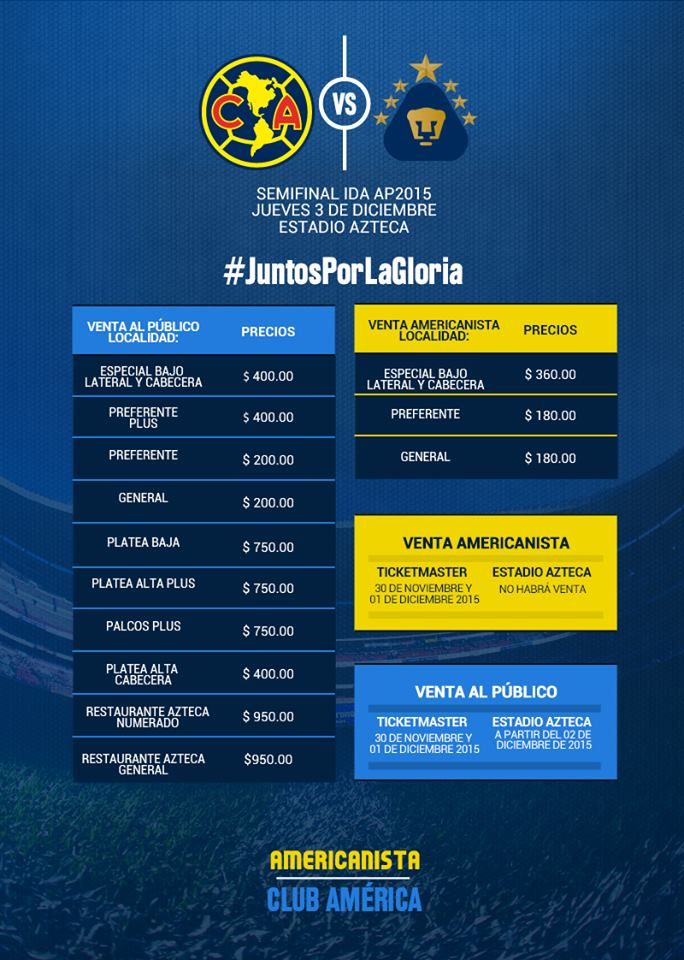 Precios de los boletos para las semifinales América vs Pumas - precios-azteca