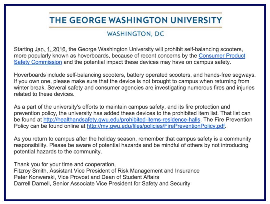 Prohíben hoverboards en universidades de EE.UU. - comunicado-gwu-hoverboards-1024x775