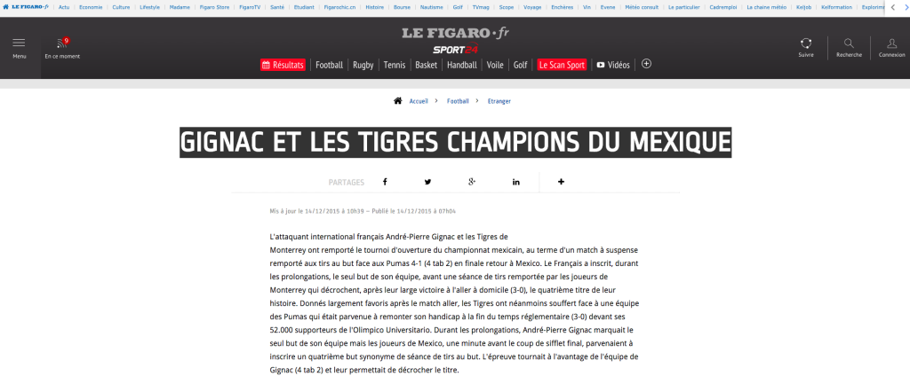 Medios franceses destacan aportación de Gignac en título de Tigres - le-figaro-gignac-1024x424
