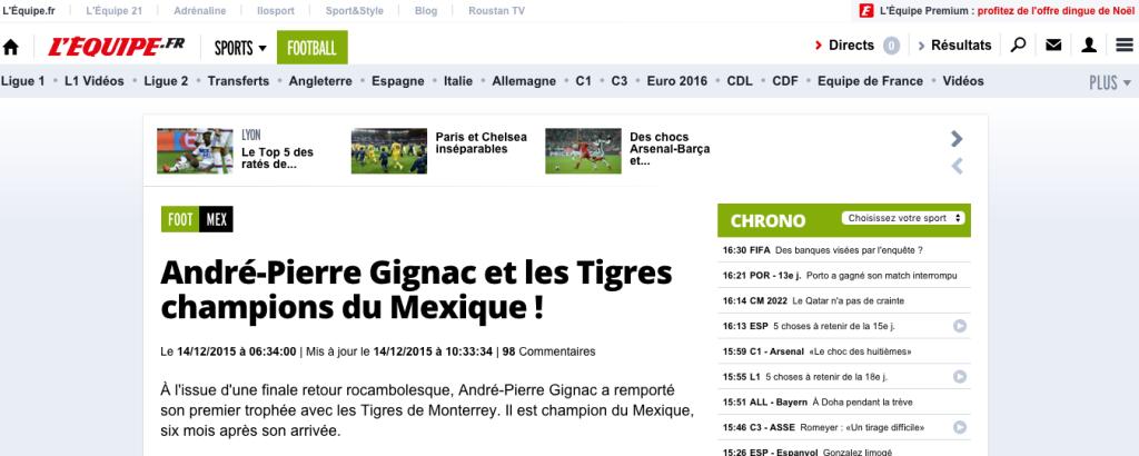 Medios franceses destacan aportación de Gignac en título de Tigres - lequipe-gignac-1024x410