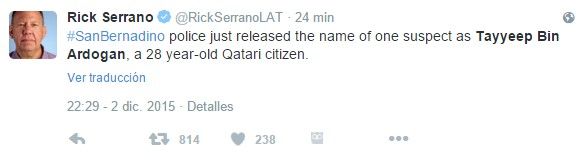 Identifican a sospechoso de matanza en San Bernardino - tuit