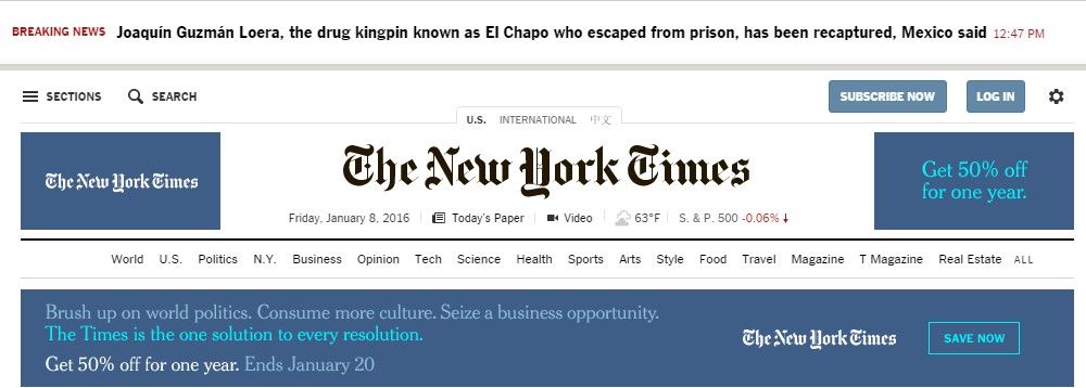 La prensa internacional anuncia la recaptura de "El Chapo" - Chapo-NYTimes