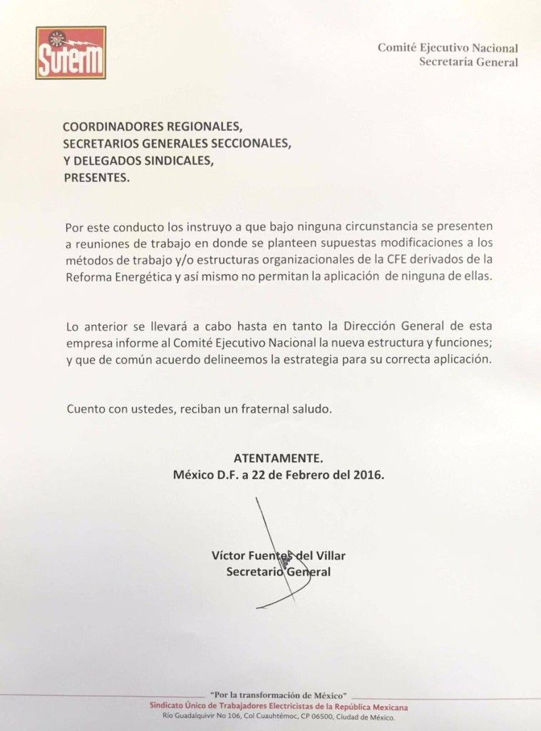 Se quiebran relaciones de Sindicato de Electricistas con CFE - Comunicado-SUTERM-759x1024