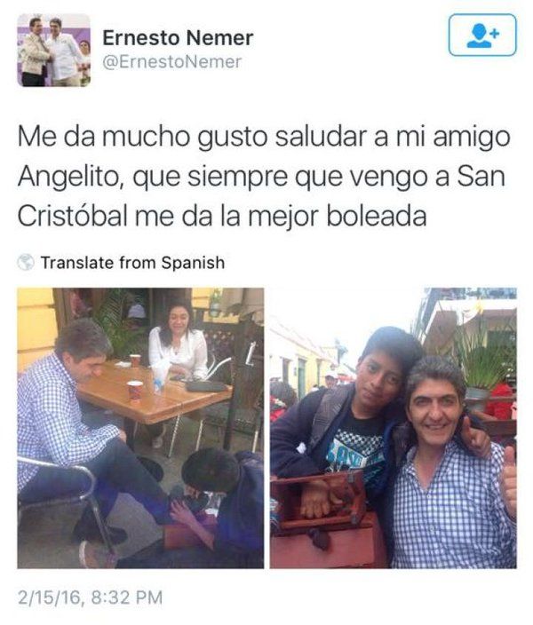 Difunde funcionario de Sedesol foto con niño limpiándole los zapatos - Tuit-Ernesto-Nemer