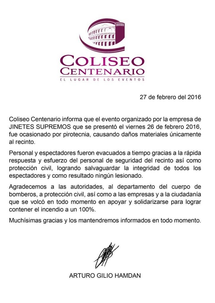 No hay heridos tras incendio del Coliseo Centenario de Torreón - comunicado-coliseo-centenario-727x1024