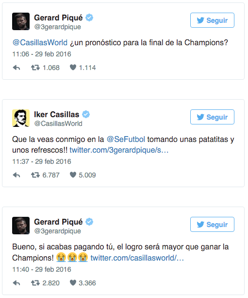 'Espero que veas la final de Champions conmigo': Casillas a Piqué - tuits-casillas-pique