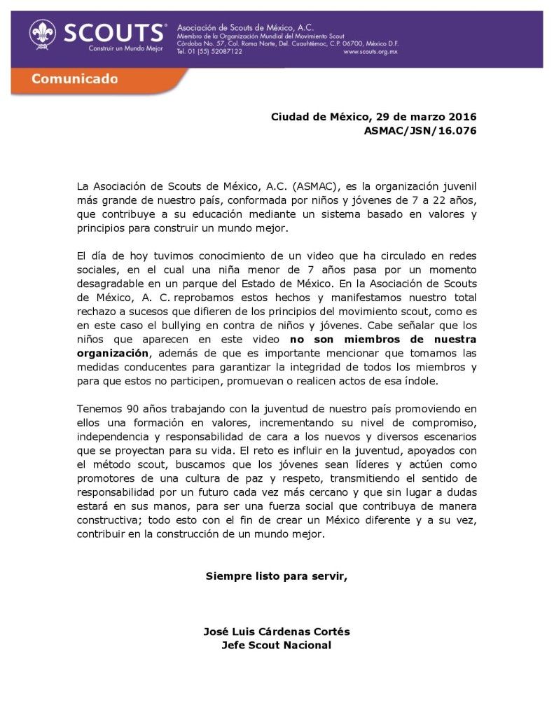 Video: Bañan en refresco a niña scout - Comunicado_JSN_16_076-page-001-791x1024