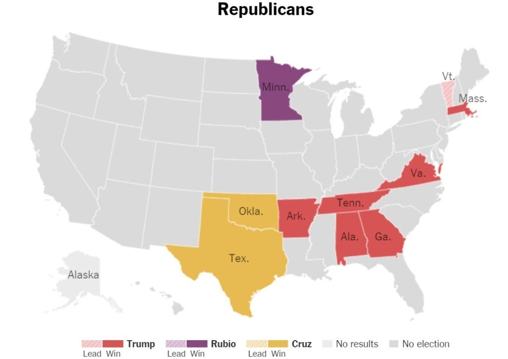 Arrasan Trump y Clinton en Super Martes - Republicanos-Resultados-Mapa-2300-1024x723