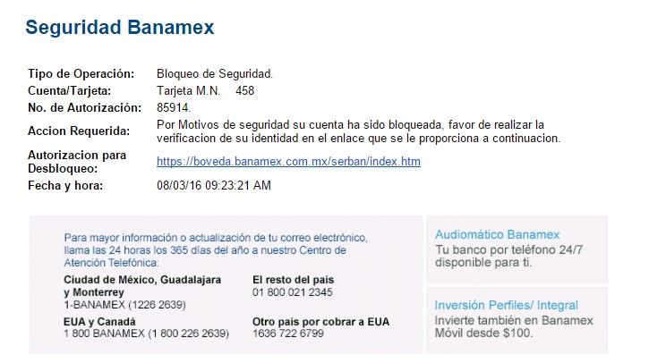 Usuarios reportan correos fraudulentos a nombre de Banamex - banamex