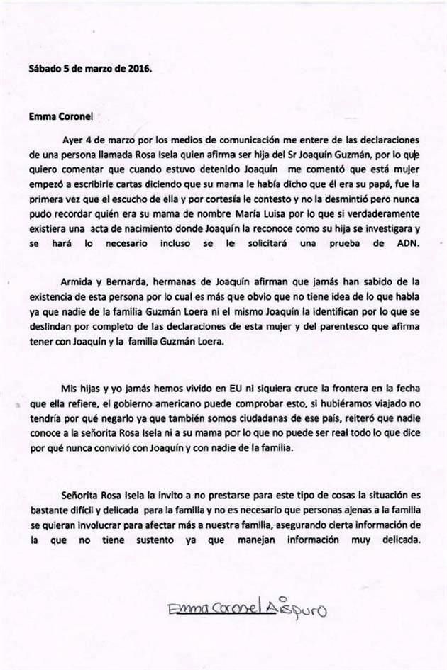 Emma Coronel desconoce a hija del Chapo - carta-emma-coronel