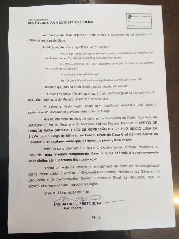 Juez federal suspende nombramiento de Lula como ministro en Brasil - juez-brasil-2