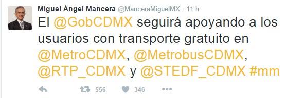 Transporte público seguirá siendo gratuito en la Ciudad de México - tuit-mancera