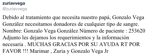 Piden donadores de sangre por recaída de Gonzalo Vega - tuit-zuria-vega-2