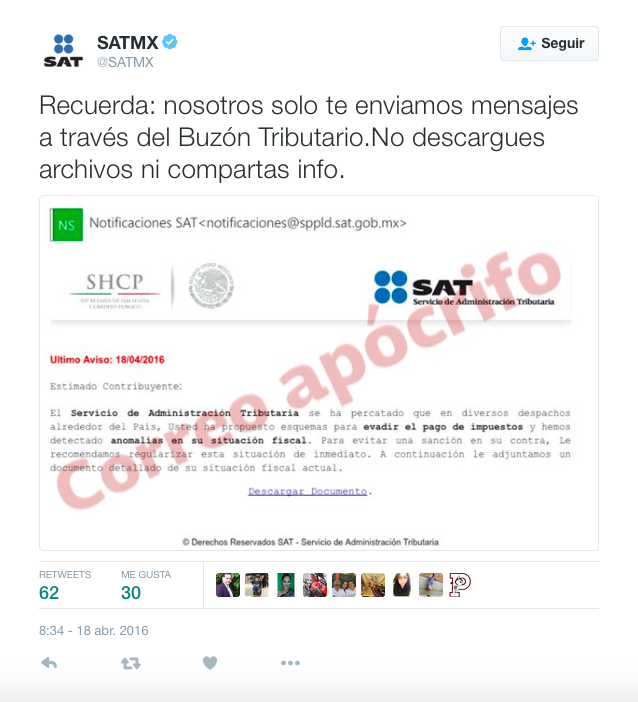 SAT alerta a contribuyentes de correos apócrifos - SAT-apócrifo