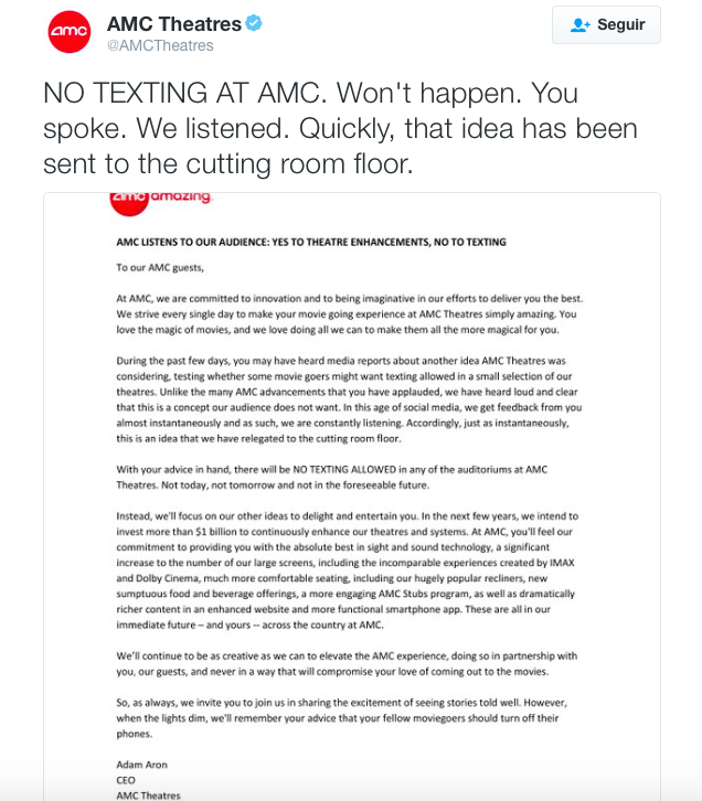 Cadena de cines abandona planes de permitir enviar mensajes de texto durante películas - amc-comunicado