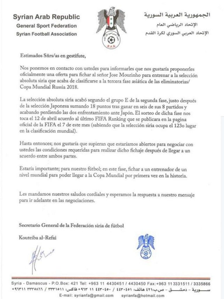 Ofrecen a José Mourinho dirigir a la selección de Siria - carta-siria-mourinho-768x1024