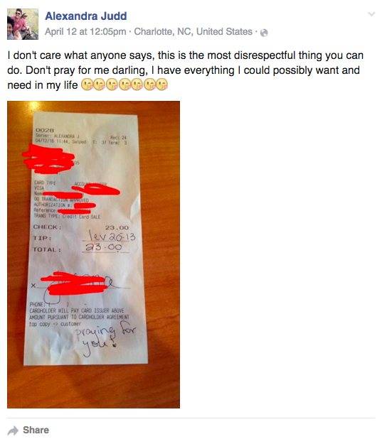 Mesera homosexual recibe frase de la Biblia en lugar de propina - mesera-ticket