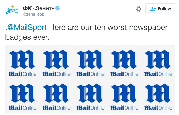Zenit responde a diario inglés que criticó su escudo - tuit-zenit-daily-mail