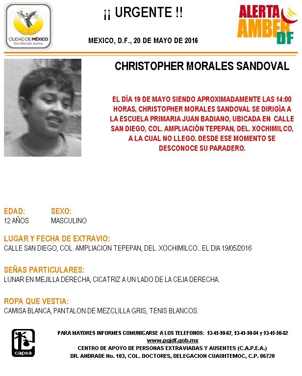 PGJ capitalina activa Alerta Amber para localizar a niño desaparecido en Xochimilco - CGCSAM064-1