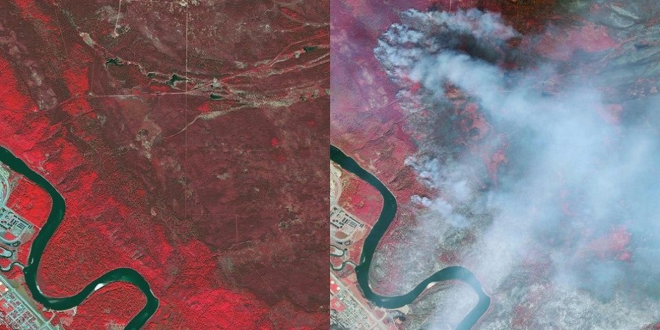 Imágenes satelitales del antes y después del incendio en Canadá