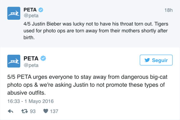 PETA reprende a Justin Bieber por fotografiarse con un tigre - PETA-1