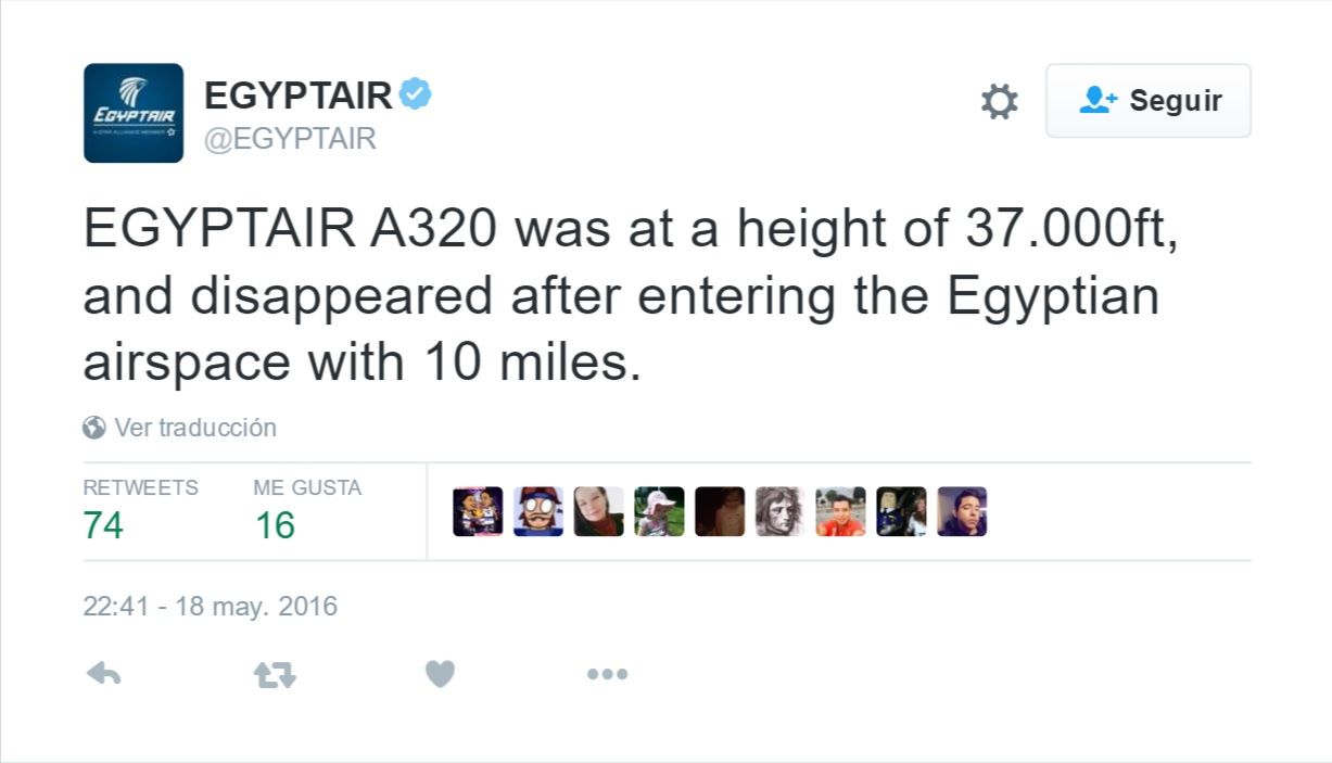 Desaparece del radar el vuelo 804 de EgyptAir - Tuit-Egyptair-2