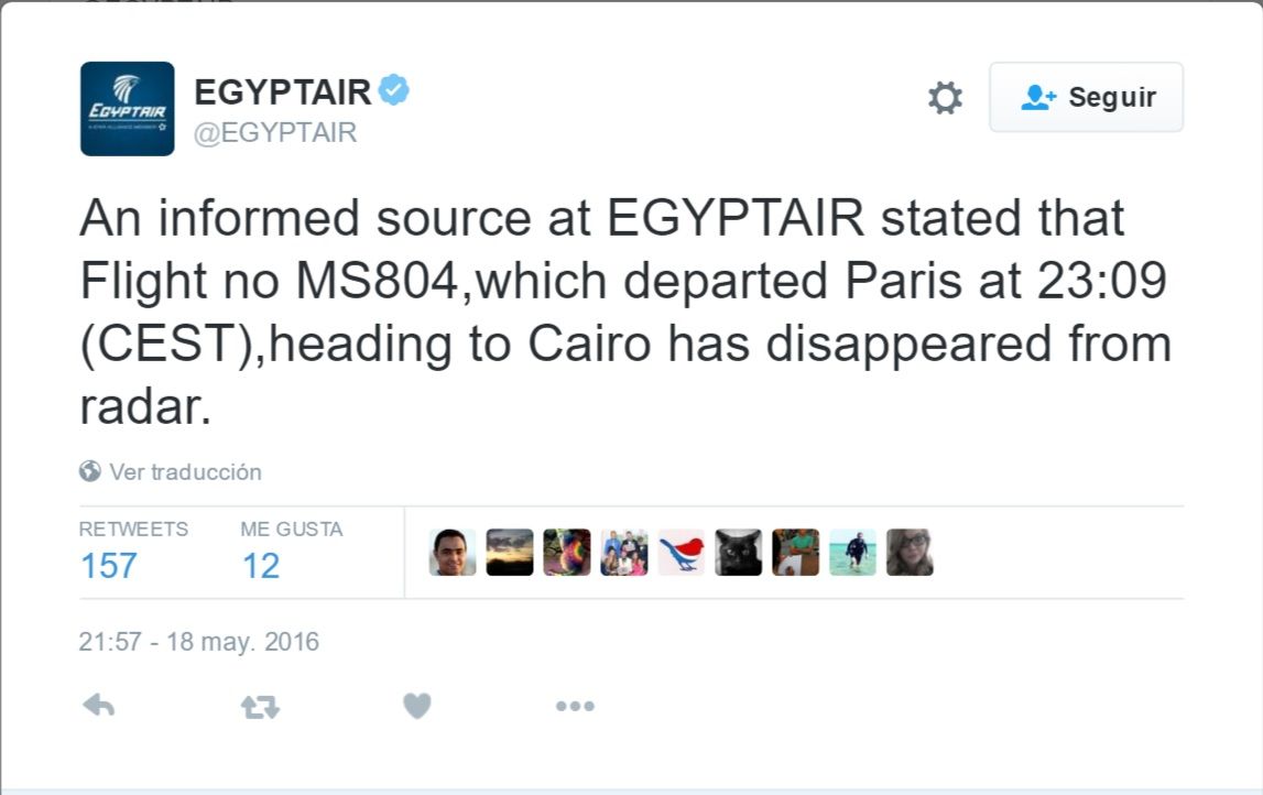 Desaparece del radar el vuelo 804 de EgyptAir - Tuit-Egyptair
