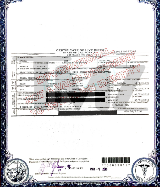 Eva Mendes y Ryan Gosling se convierten en padres por segunda ocasión - acta-nacimiento-