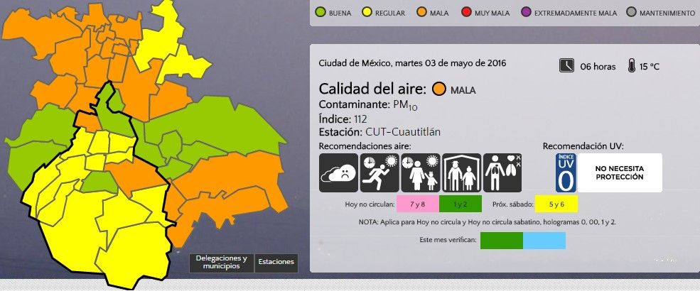 Continúa mala calidad del aire en el Valle de México - aire-3may-6h-airecdmx