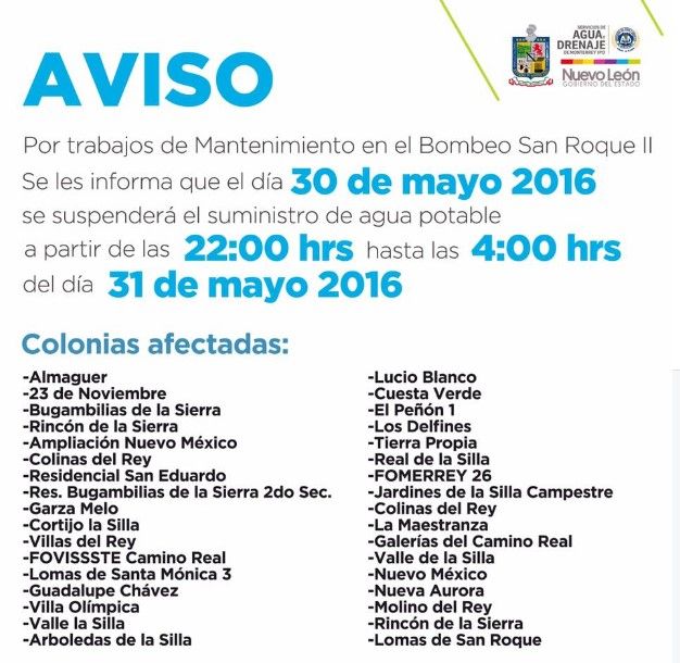 Suspenderán servicio de agua en 34 colonias de Monterrey - colonias-agua-Agua-y-drenaje-de-Monterrey