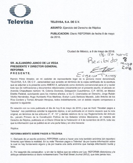 Denunciará Televisa a Reforma y Proceso por información "burda y falsa" - comunicado-televisa