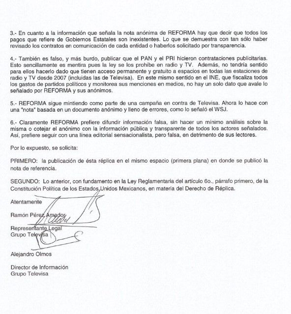 Denunciará Televisa a Reforma y Proceso por información "burda y falsa" - comunicado-televisa2