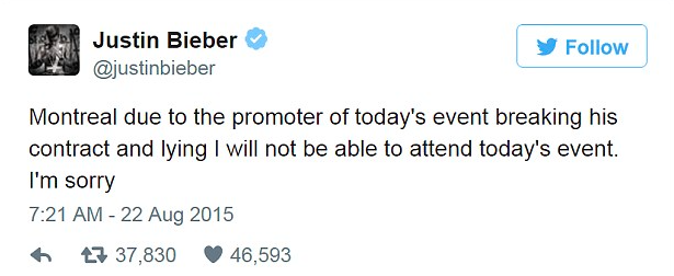 Promotora demanda a Justin Bieber por dañar su imagen - justin-Twitter