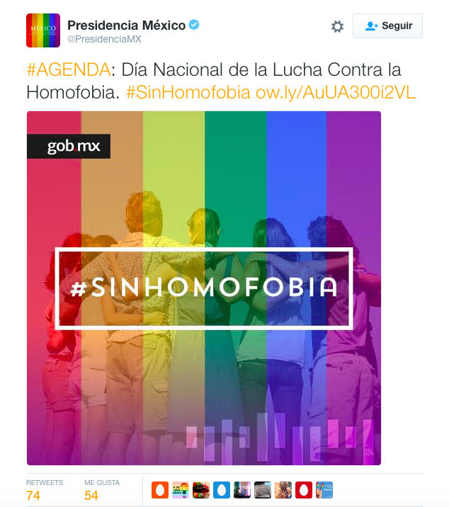 Instituciones mexicanas apoyan el Día Internacional de la Lucha contra la Homofobia - sin-homofobia-Twitter-de-Presidencia