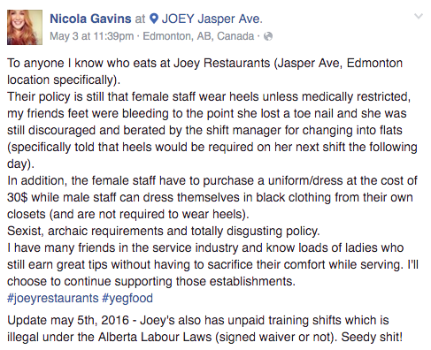 Despiden a mujer por no usar zapatos de tacón - tacones-facebook