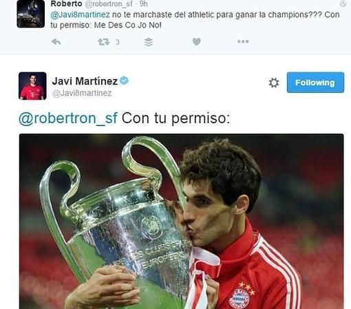 La ingeniosa respuesta de Javi Martínez a un tuitero - tuit-javi-martinez