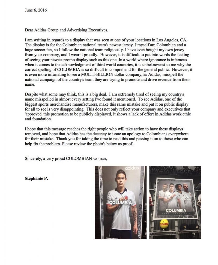 Adidas escribe mal el nombre de Colombia - CkX97pnUYAAZJoI-841x1024