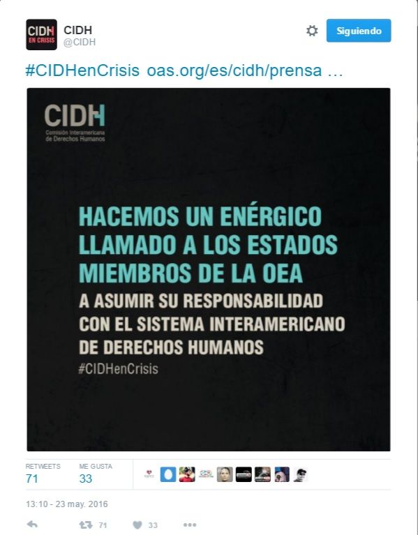CIDH urge a Estados miembros a redoblar esfuerzos para superar crisis - Tuit-CIDH
