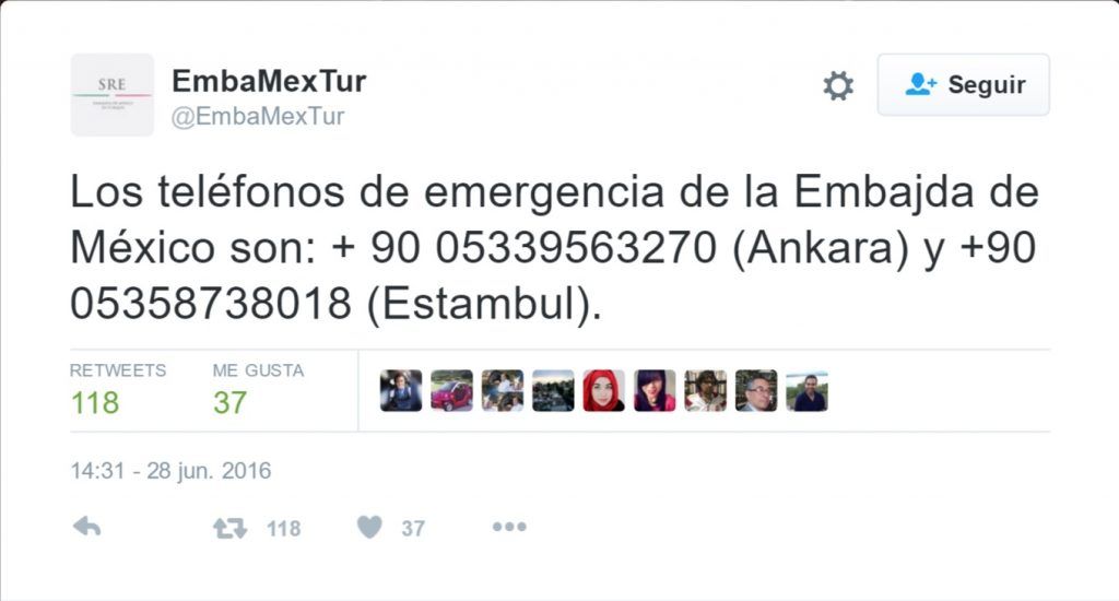 Aún no hay mexicanos afectados por ataque en Estambul: SRE - Tuit-EmbaMexTur-1024x550