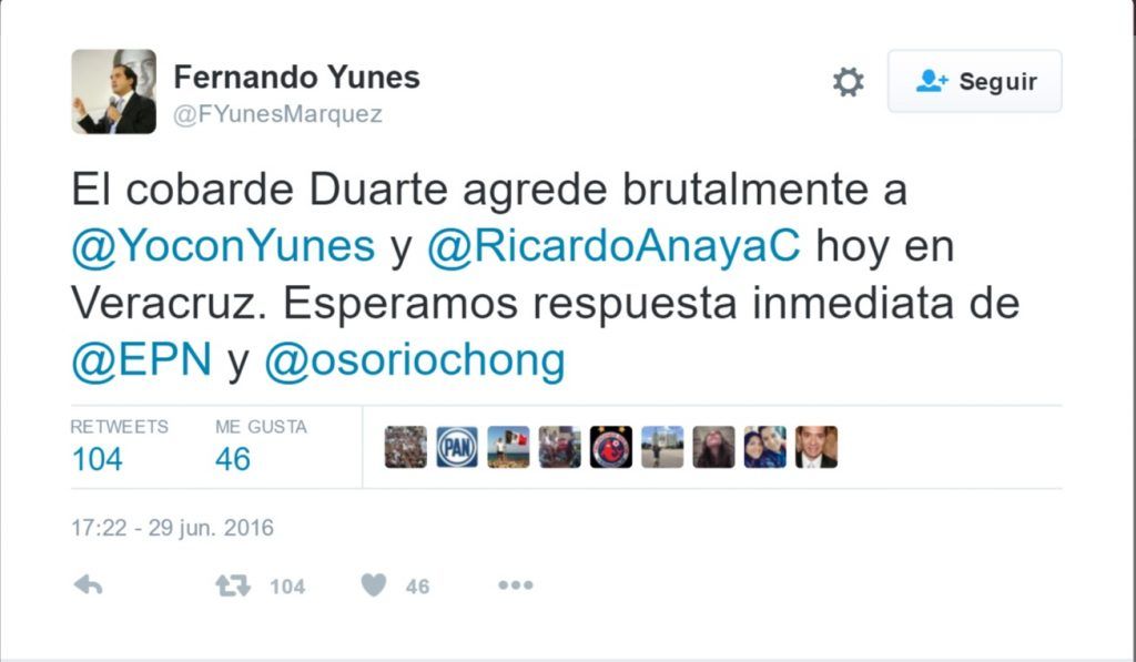 Agreden a dirigentes panistas en Veracruz. Yunes pide castigo para Duarte - Tuit-Fernando-Yunes-1024x597