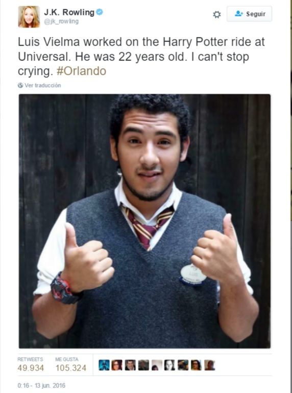 Rinden tributo a mexicano víctima de ataque en Orlando al estilo Harry Potter - Tuit-JK-Rowling-1