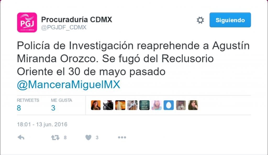 Recapturan a uno de los fugados del Reclusorio Oriente - Tuit-PGJ-Agustín-Miranda-Reclusorio-Oriente-1024x593