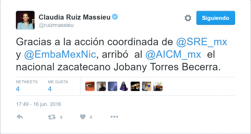 Llega a México estudiante mexicano detenido en Nicaragua - Tuit-Ruis-Massieu-Jobany-Torres-1024x547