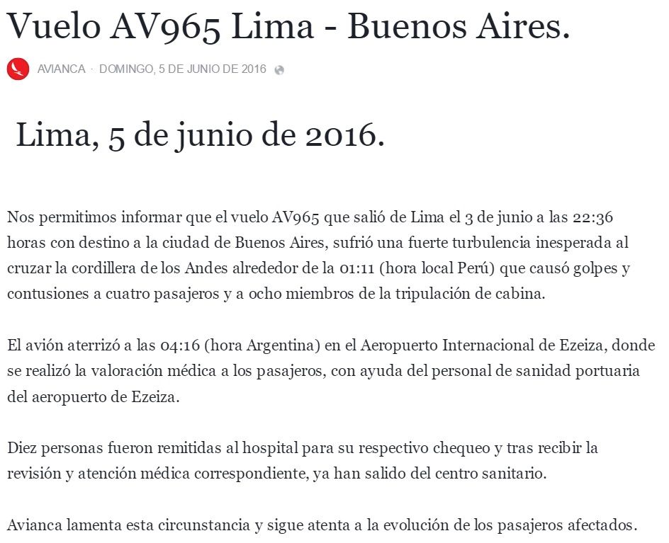 Turbulencia deja doce heridos en vuelo de Avianca - Vuelo-Avianca-Lima-buenos-aires