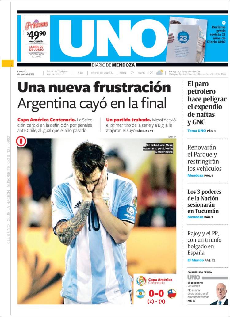 Portadas en Argentina tras perder la final de Copa América - ar_uno.750