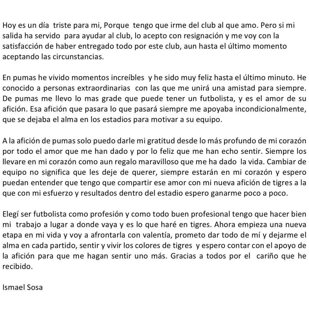 'Tengo que irme del club al que amo': Ismael Sosa - carta-sosa-1024x1024