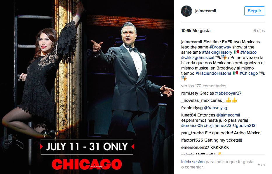 Jaime Camil y Bianca Marroquín protagonizarán "Chicago" en Broadway - chicago-Instagram
