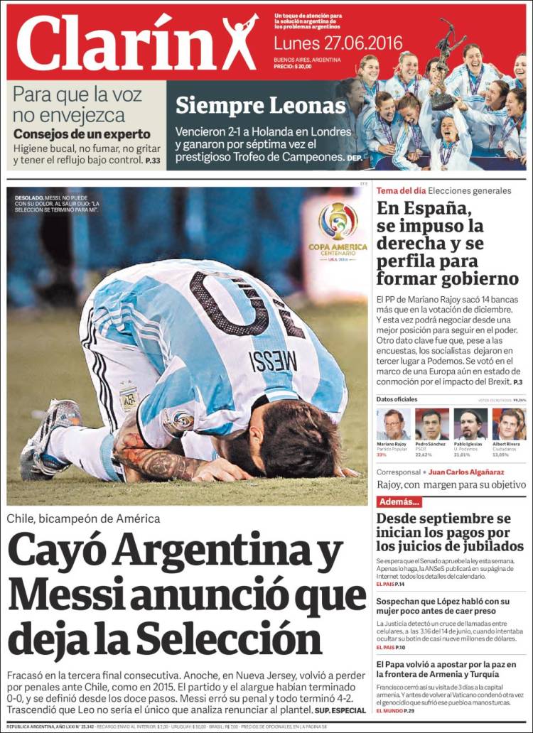 Portadas en Argentina tras perder la final de Copa América - clarin-1